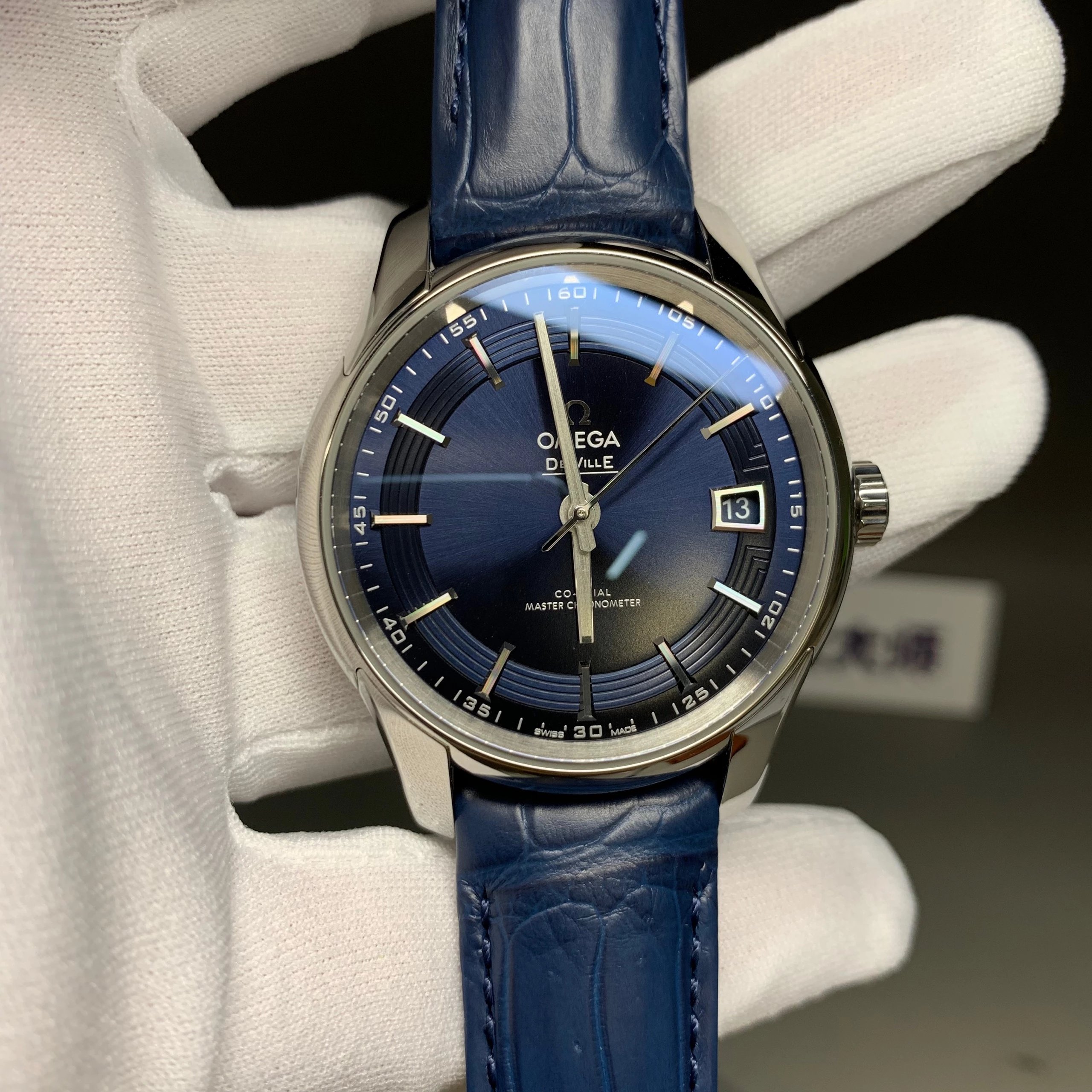 s廠歐米茄蝶飛繫列433.33.41.21.03.001明亮之藍鱷魚皮男士機械錶最好的版本-高仿錶