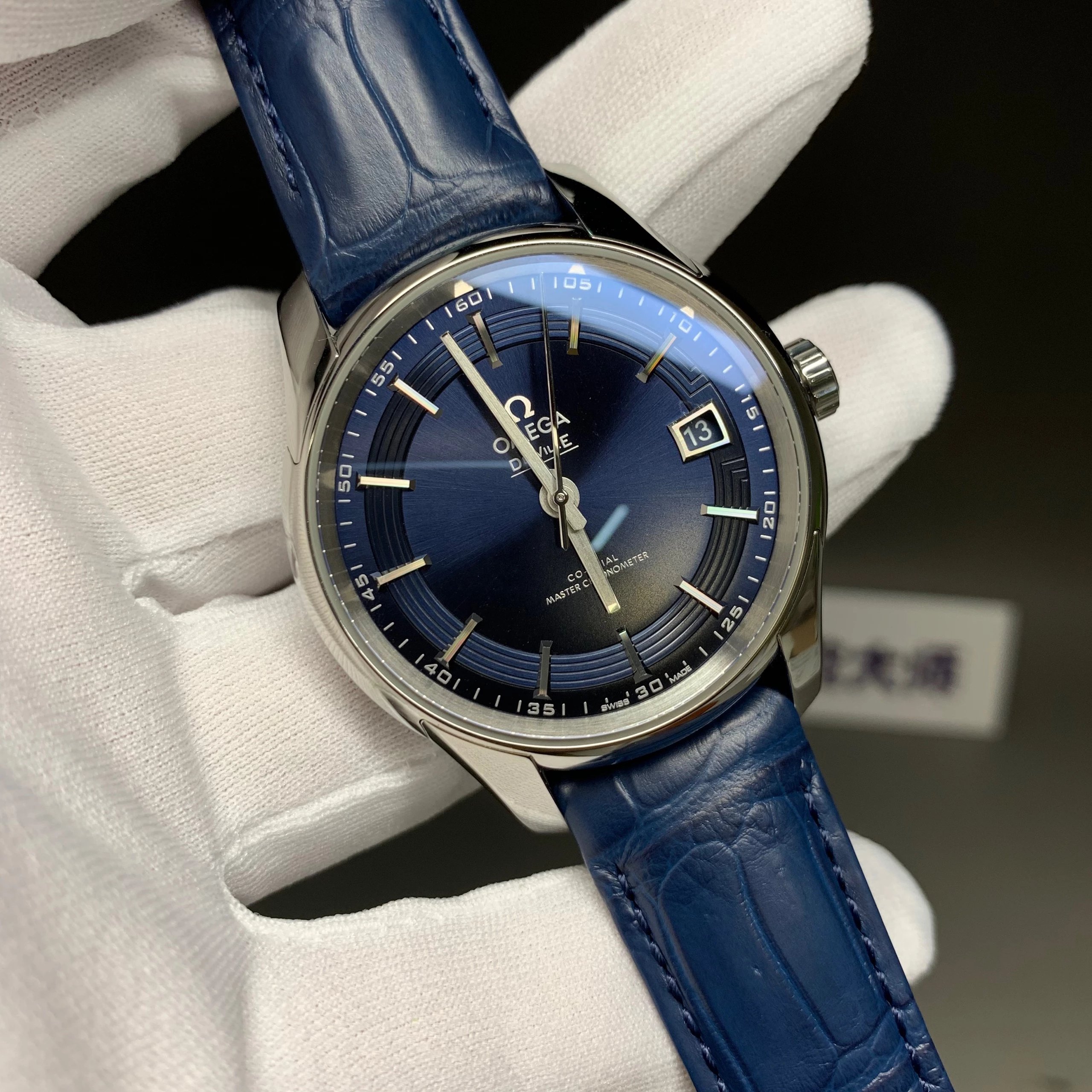 s廠歐米茄蝶飛繫列433.33.41.21.03.001明亮之藍鱷魚皮男士機械錶最好的版本-高仿錶