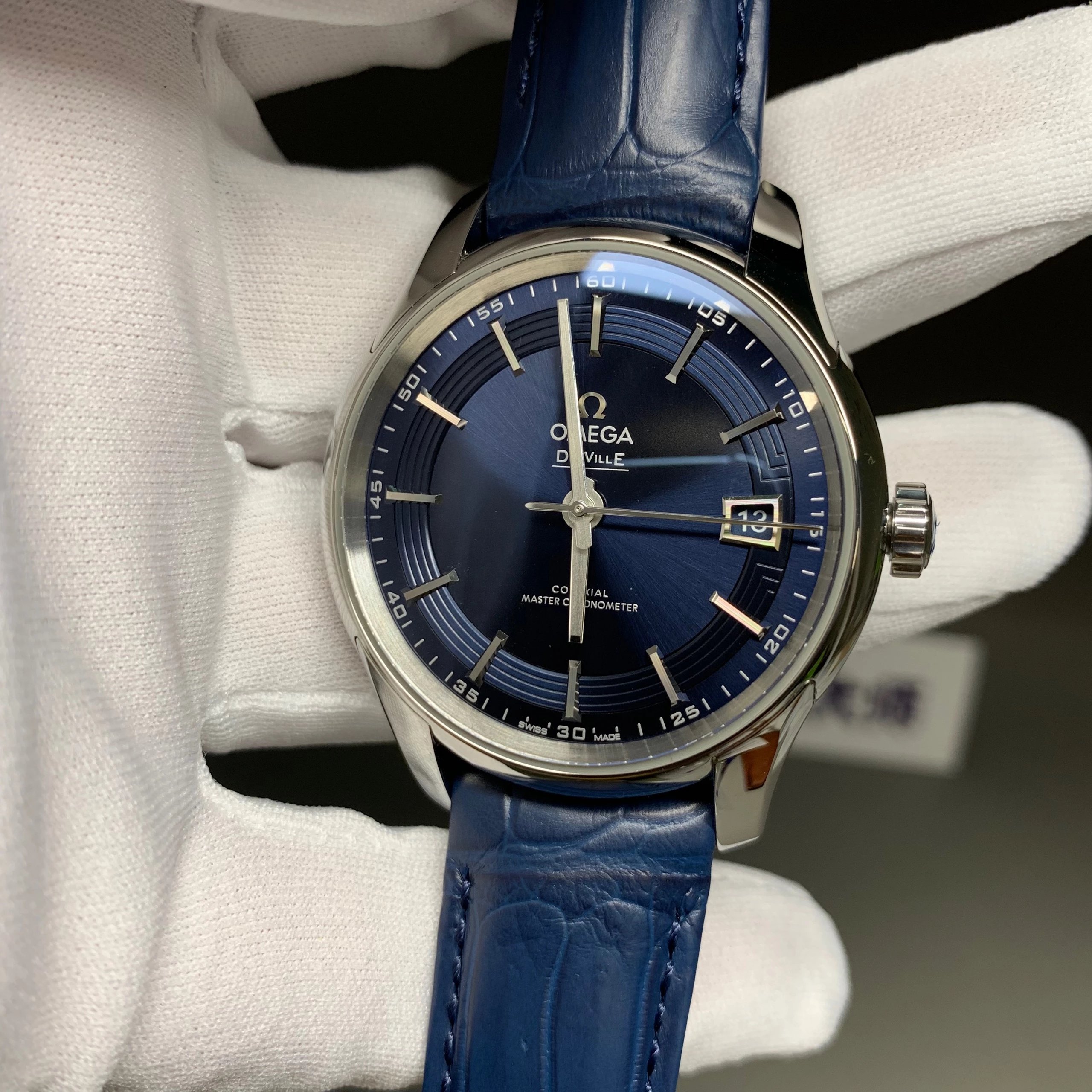 s廠歐米茄蝶飛繫列433.33.41.21.03.001明亮之藍鱷魚皮男士機械錶最好的版本-高仿錶