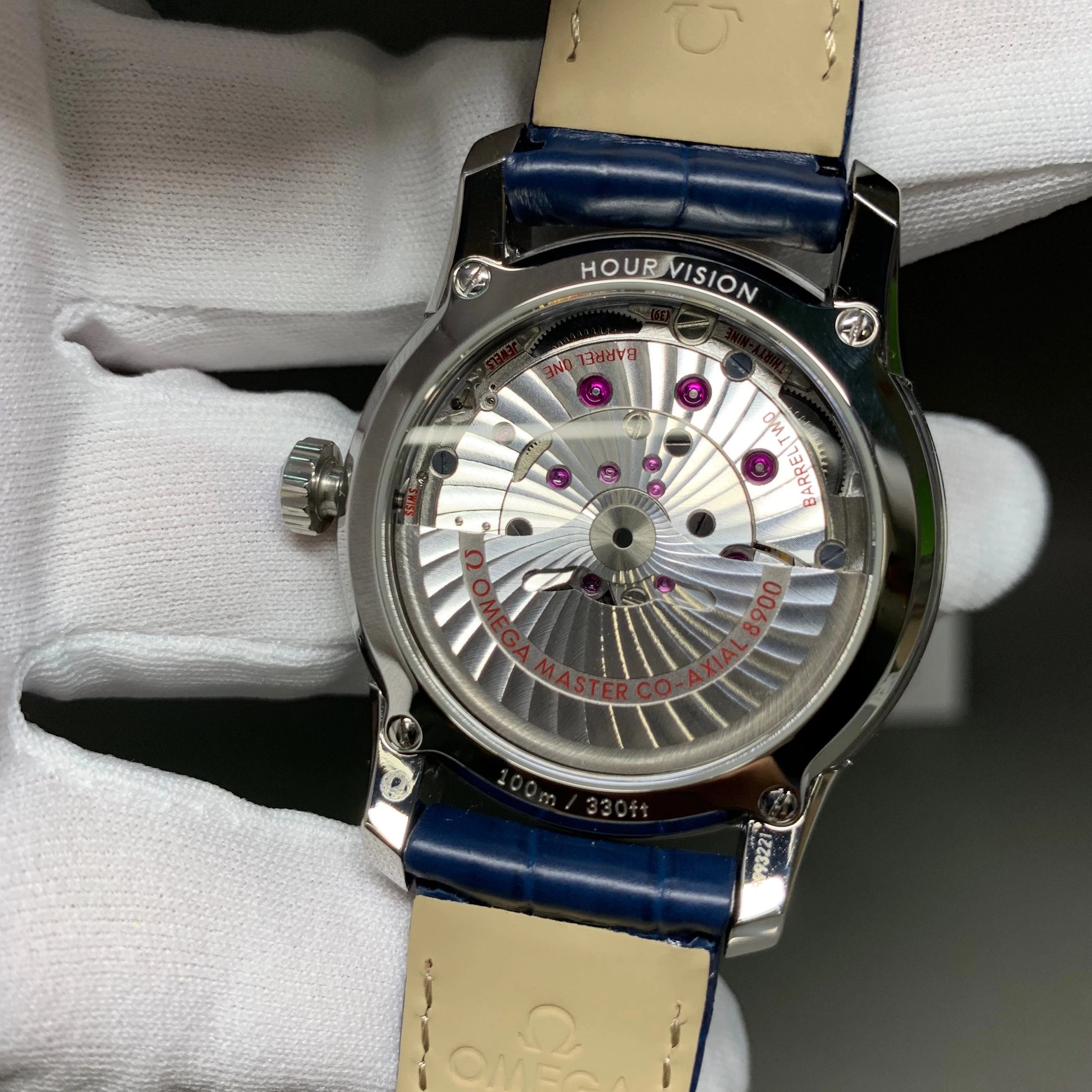 s廠歐米茄蝶飛繫列433.33.41.21.03.001明亮之藍鱷魚皮男士機械錶最好的版本-高仿錶