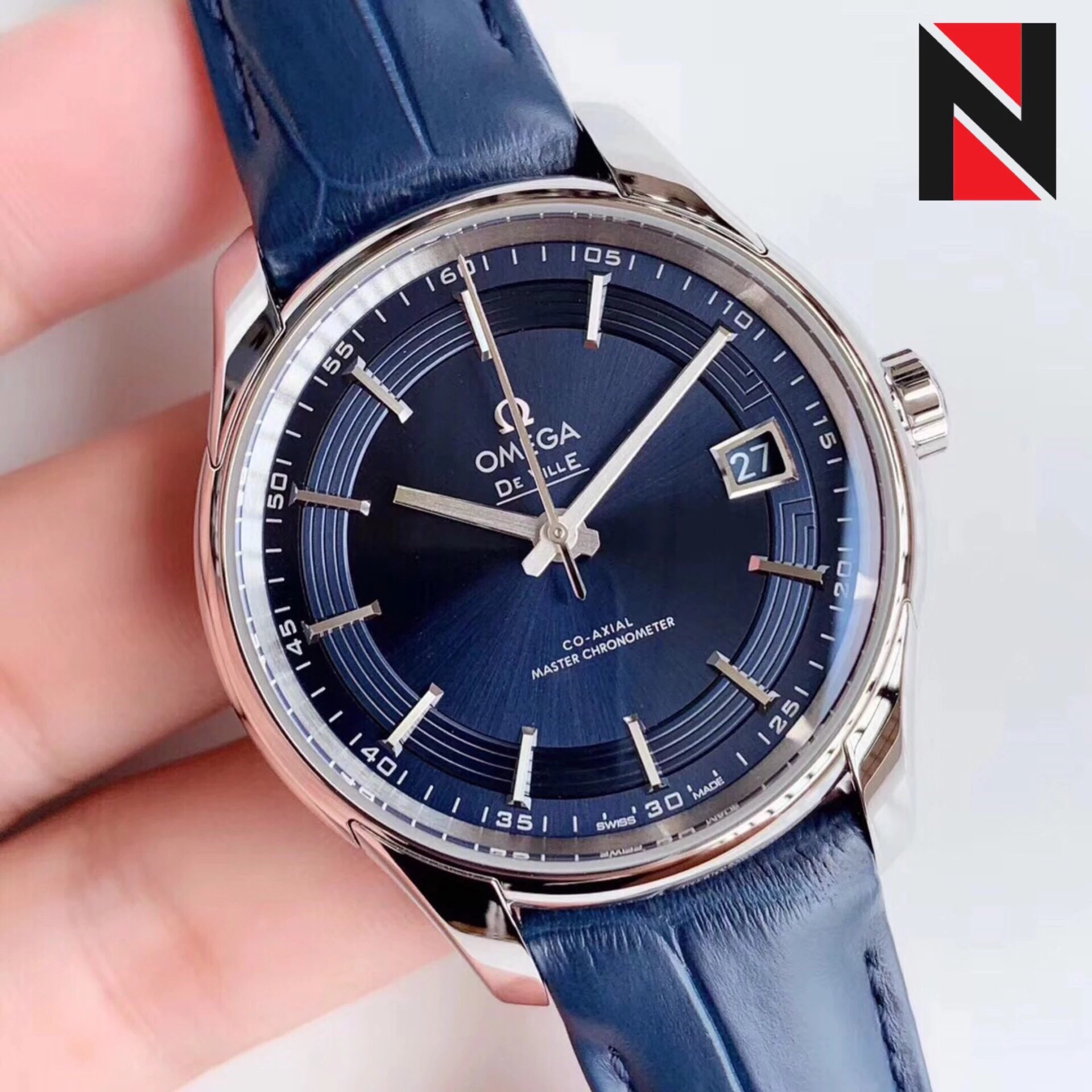 s廠歐米茄蝶飛繫列433.33.41.21.03.001明亮之藍鱷魚皮男士機械錶最好的版本-高仿錶