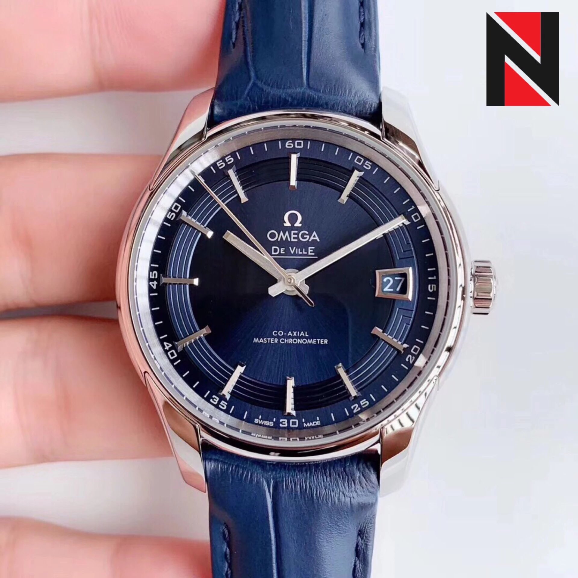 s廠歐米茄蝶飛繫列433.33.41.21.03.001明亮之藍鱷魚皮男士機械錶最好的版本-高仿錶