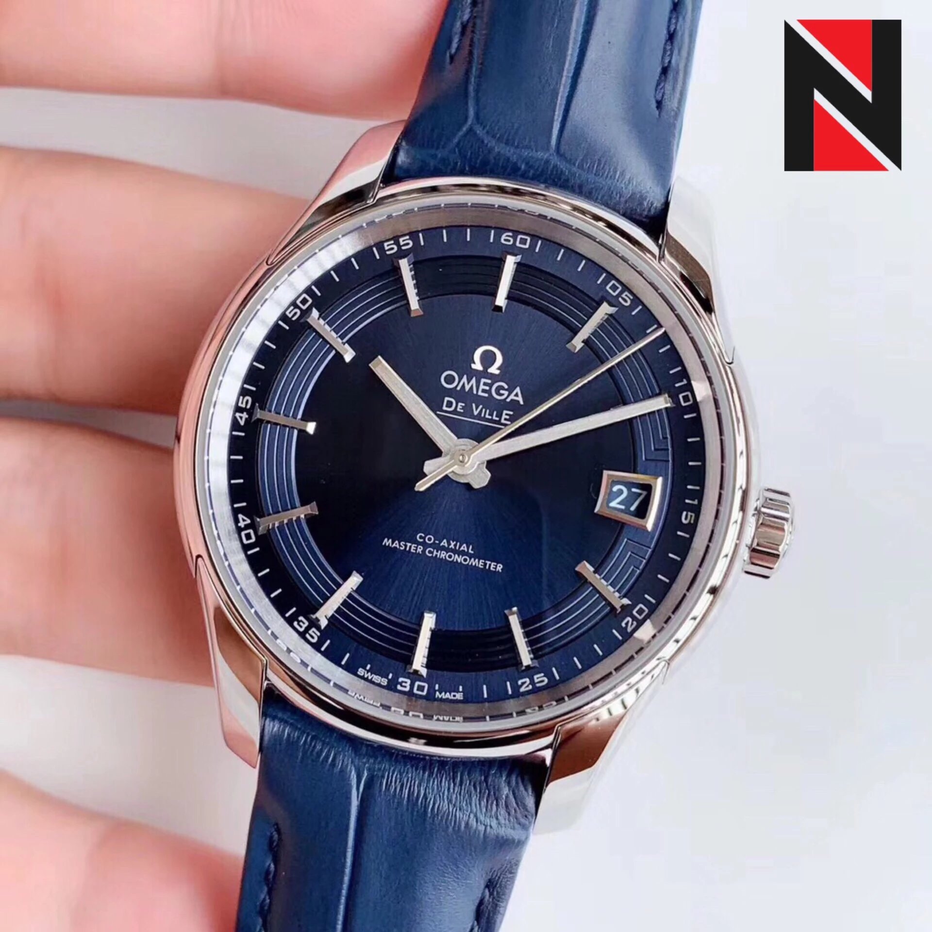 s廠歐米茄蝶飛繫列433.33.41.21.03.001明亮之藍鱷魚皮男士機械錶最好的版本-高仿錶